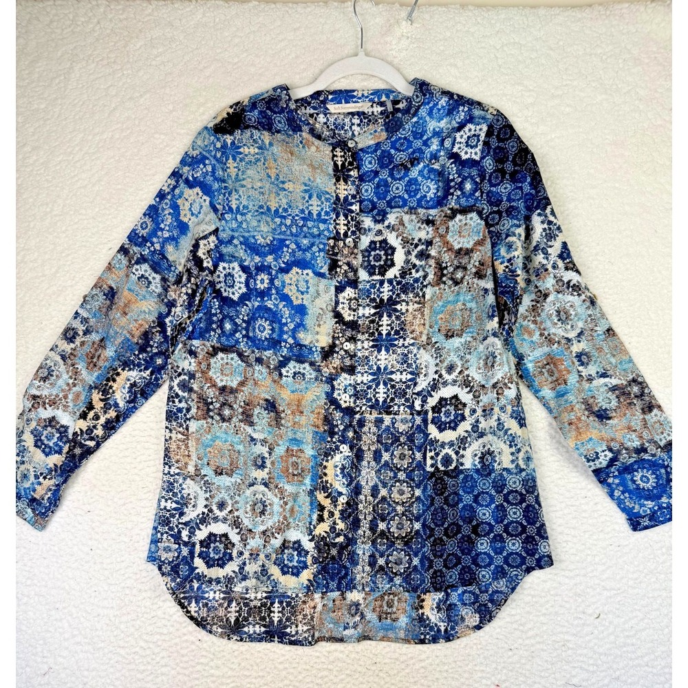 Soft Surroundings Shirt Womens Large Blue Patchwork Floral Cotton Boho Earthy